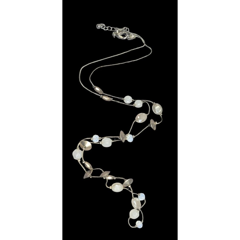 Smokey White Glass And Gold Tone Metal Studded Station Necklace